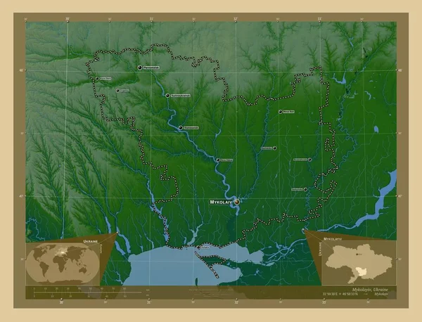 Mykolajiv Oblast Ukrajiny Barevná Mapa Jezery Řekami Umístění Názvy Velkých — Stock fotografie
