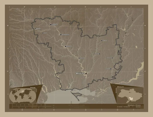 Mikołaj Obwód Ukraiński Mapa Elewacji Kolorowe Sepia Dźwięki Jeziorami Rzekami — Zdjęcie stockowe