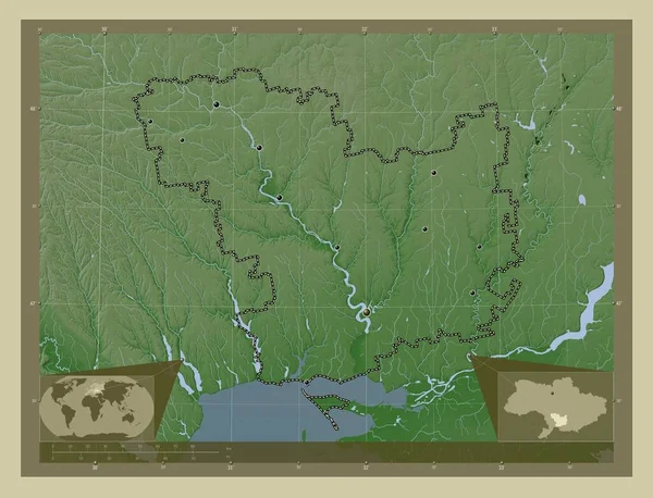 Mykolayiv 乌克兰地区 用Wiki风格绘制的带有湖泊和河流的高程地图 该区域主要城市的所在地点 角辅助位置图 — 图库照片