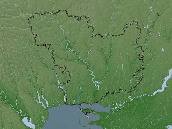 Mykolayiv 乌克兰地区 带有湖泊和河流的Wiki风格的高程图 — 图库照片