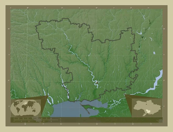 Mykolayiv 乌克兰地区 用Wiki风格绘制的带有湖泊和河流的高程地图 角辅助位置图 — 图库照片