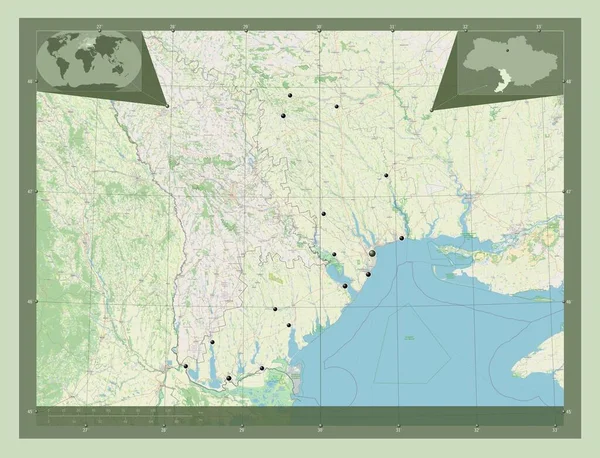 オデッサ ウクライナの地域 ストリートマップを開く 地域の主要都市の場所 コーナー補助位置図 — ストック写真