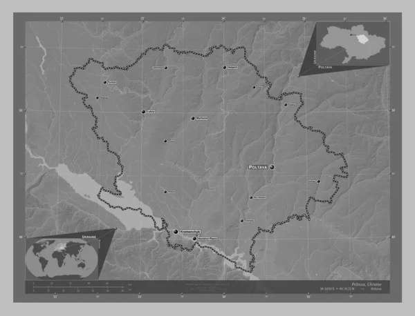 Połtawa Region Ukrainy Mapa Wzniesień Skali Szarości Jeziorami Rzekami Lokalizacje — Zdjęcie stockowe