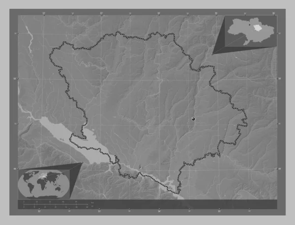 乌克兰Poltava地区 带有湖泊和河流的灰度高程图 角辅助位置图 — 图库照片