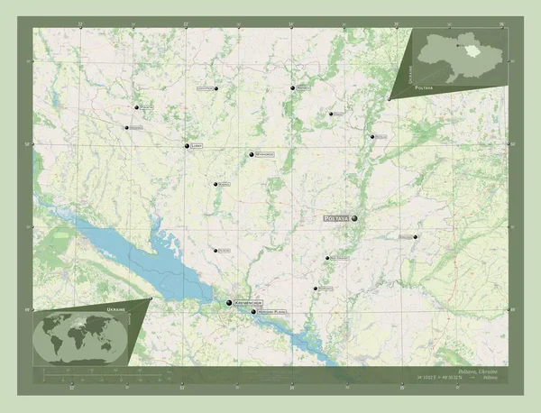 Połtawa Region Ukrainy Otwórz Mapę Ulic Lokalizacje Nazwy Głównych Miast — Zdjęcie stockowe