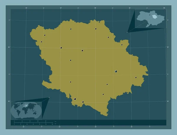 ウクライナの地域 しっかりした色の形 地域の主要都市の場所 コーナー補助位置図 — ストック写真