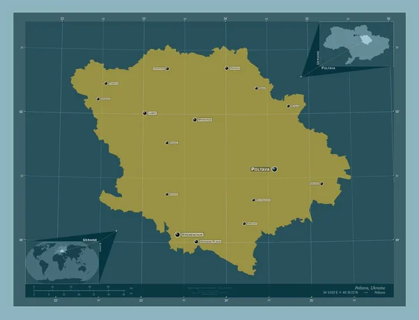 Połtawa Region Ukrainy Solidny Kształt Koloru Lokalizacje Nazwy Głównych Miast — Zdjęcie stockowe