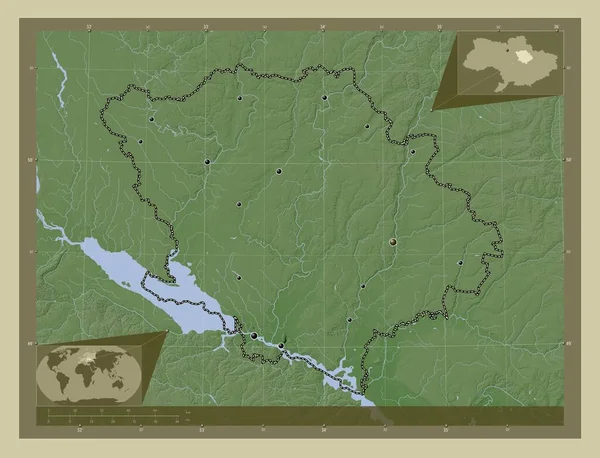乌克兰Poltava地区 用Wiki风格绘制的带有湖泊和河流的高程地图 该区域主要城市的所在地点 角辅助位置图 — 图库照片