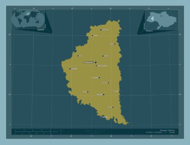 Ternopil, Ukrayna bölgesi. Katı renk şekli. Bölgenin büyük şehirlerinin yerleri ve isimleri. Köşedeki yedek konum haritaları