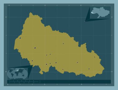 Transcarpathia, Ukrayna bölgesi. Katı renk şekli. Bölgenin büyük şehirlerinin yerleri. Köşedeki yedek konum haritaları