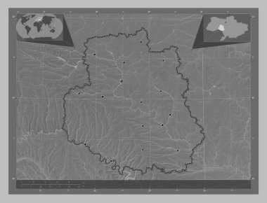 Vinnytsya, Ukrayna bölgesi. Gölleri ve nehirleri olan gri tonlama yükseklik haritası. Bölgenin büyük şehirlerinin yerleri. Köşedeki yedek konum haritaları