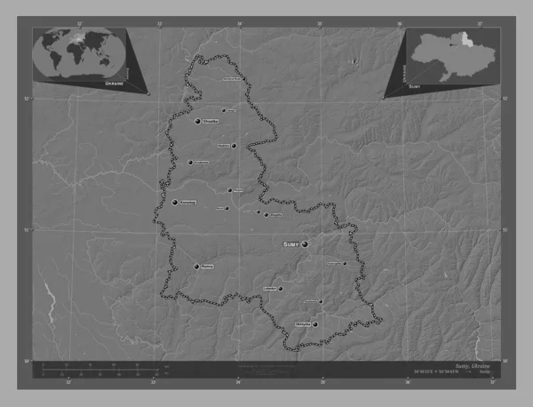 Sumy Oblast Ukrajiny Mapa Nadmořské Výšky Jezery Řekami Umístění Názvy — Stock fotografie