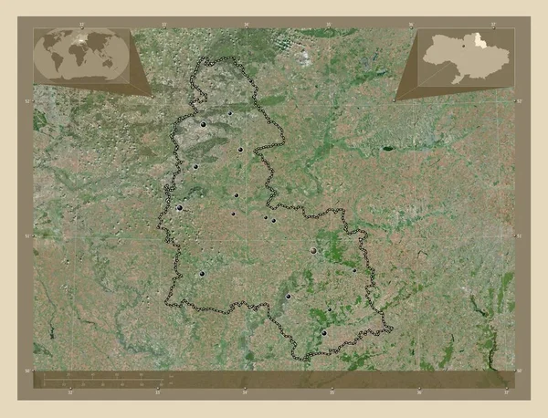 乌克兰地区 高分辨率卫星地图 该区域主要城市的所在地点 角辅助位置图 — 图库照片
