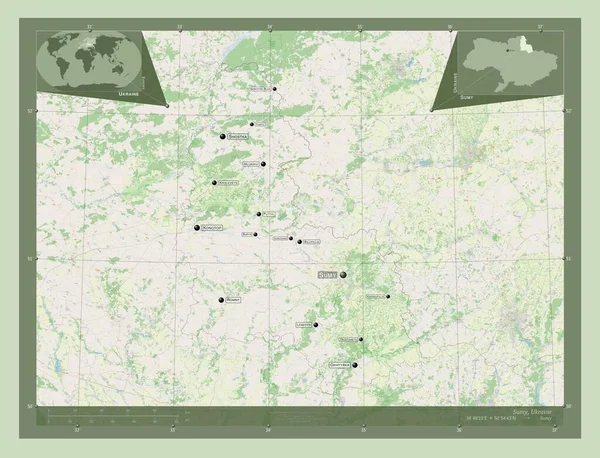 ウクライナの地域 ストリートマップを開く 地域の主要都市の位置と名前 コーナー補助位置図 — ストック写真