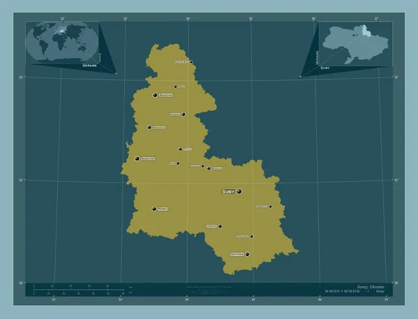 ウクライナの地域 しっかりした色の形 地域の主要都市の位置と名前 コーナー補助位置図 — ストック写真
