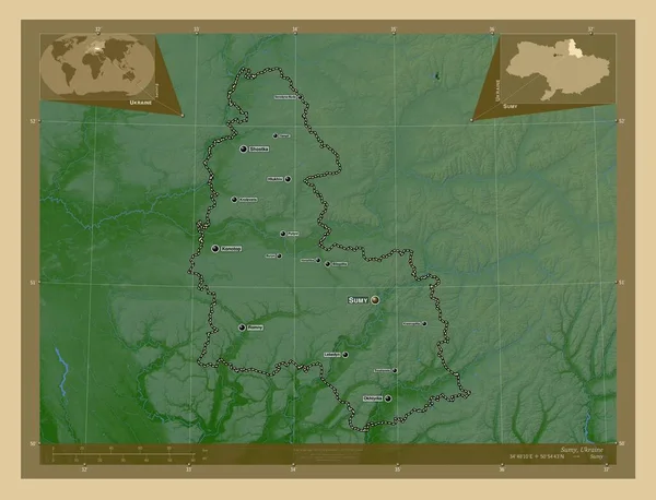 ウクライナの地域 湖や川と色の標高マップ 地域の主要都市の位置と名前 コーナー補助位置図 — ストック写真