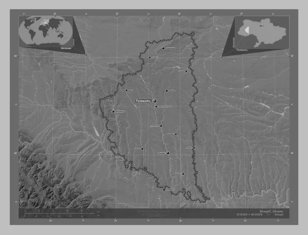 Ternopil Region Ukraine Grayscale Elevation Map Lakes Rivers Locations Names — Stock Photo, Image