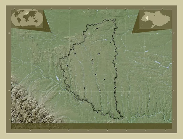 Ternopil 乌克兰地区 用Wiki风格绘制的带有湖泊和河流的高程地图 该区域主要城市的所在地点 角辅助位置图 — 图库照片