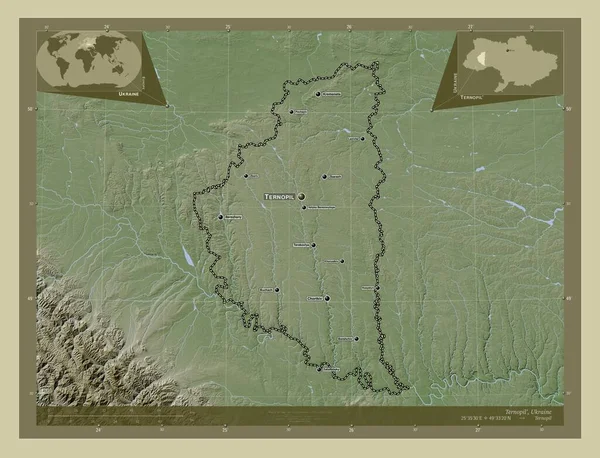 ウクライナの領域 テルノピル 湖や川とWikiスタイルで着色された標高マップ 地域の主要都市の位置と名前 コーナー補助位置図 — ストック写真