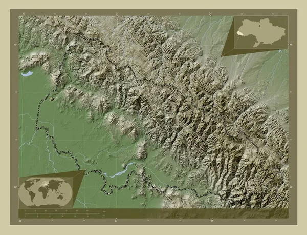Zakarpatie Oblast Ukrajiny Zdvihová Mapa Zbarvená Stylu Wiki Jezery Řekami — Stock fotografie