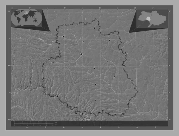 Winnica Obwód Ukraiński Dwupoziomowa Mapa Jeziorami Rzekami Lokalizacje Dużych Miast — Zdjęcie stockowe
