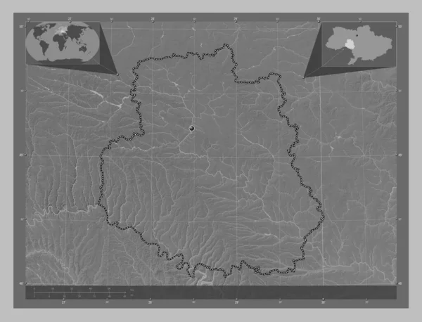 ヴィニトシア ウクライナの地域 湖や川とグレースケールの標高マップ コーナー補助位置図 — ストック写真