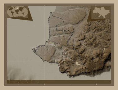 Sivastopol, Ukrayna özerk cumhuriyeti. Yükseklik haritası sepya tonlarında göller ve nehirlerle renklendirilmiş. Köşedeki yedek konum haritaları