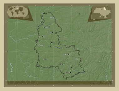 Sumy, Ukrayna bölgesi. Yükseklik haritası göller ve nehirlerle wiki tarzında renklendirilmiş. Bölgenin büyük şehirlerinin yerleri ve isimleri. Köşedeki yedek konum haritaları