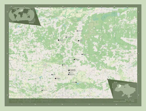 Rivne 乌克兰地区 开放街道地图 该区域主要城市的地点和名称 角辅助位置图 — 图库照片