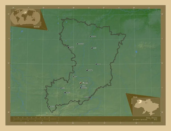 Rivne Región Ucrania Mapa Elevación Colores Con Lagos Ríos Ubicaciones — Foto de Stock