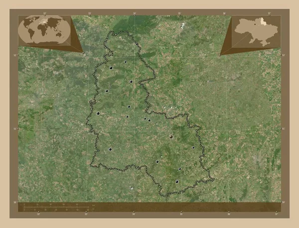 ウクライナの地域 低解像度衛星地図 地域の主要都市の場所 コーナー補助位置図 — ストック写真