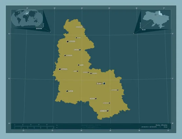 ウクライナの地域 しっかりした色の形 地域の主要都市の位置と名前 コーナー補助位置図 — ストック写真