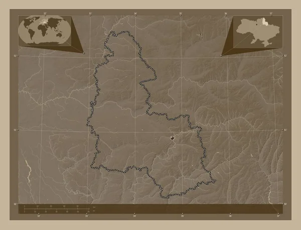 Сумы Область Украины Карта Высоты Окрашенная Сепиевые Тона Озерами Реками — стоковое фото