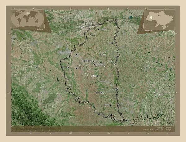Ternopil 乌克兰地区 高分辨率卫星地图 该区域主要城市的地点和名称 角辅助位置图 — 图库照片