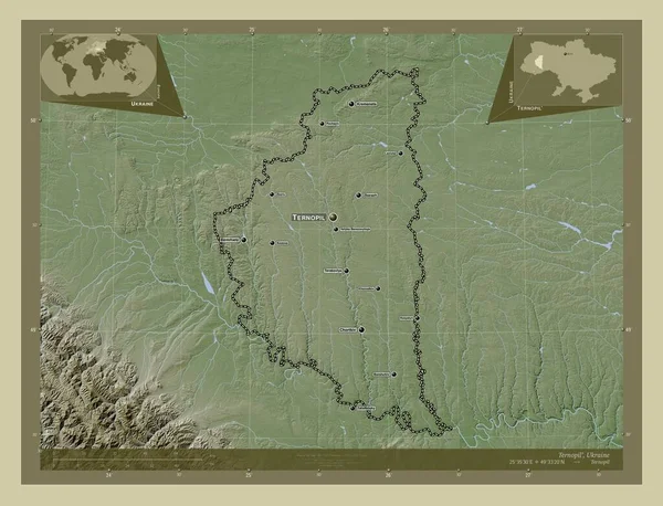 Ternopil 乌克兰地区 用Wiki风格绘制的带有湖泊和河流的高程地图 该区域主要城市的地点和名称 角辅助位置图 — 图库照片