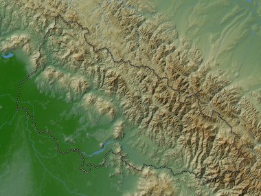 Transcarpathia, Ukrayna bölgesi. Gölleri ve nehirleri olan renkli yükseklik haritası