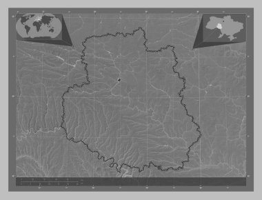 Vinnytsya, Ukrayna bölgesi. Gölleri ve nehirleri olan gri tonlama yükseklik haritası. Köşedeki yedek konum haritaları