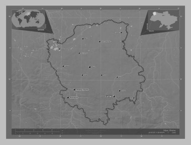 Volyn, Ukrayna bölgesi. Gölleri ve nehirleri olan gri tonlama yükseklik haritası. Bölgenin büyük şehirlerinin yerleri ve isimleri. Köşedeki yedek konum haritaları