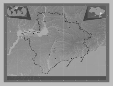 Zaporizhzhya, Ukrayna bölgesi. Gölleri ve nehirleri olan gri tonlama yükseklik haritası. Bölgenin büyük şehirlerinin yerleri. Köşedeki yedek konum haritaları