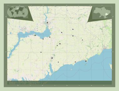 Zaporizhzhya, Ukrayna bölgesi. Açık Sokak Haritası. Bölgenin büyük şehirlerinin yerleri. Köşedeki yedek konum haritaları