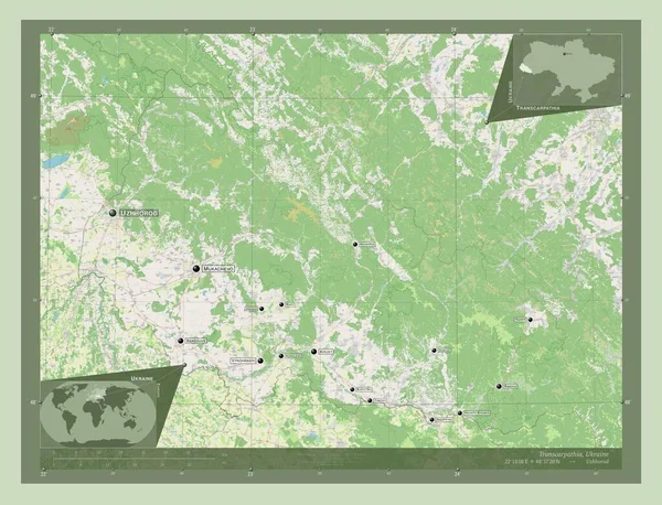 乌克兰地区外喀尔巴塔利亚 开放街道地图 该区域主要城市的地点和名称 角辅助位置图 — 图库照片