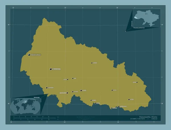 トランスカルパティア ウクライナの領域 しっかりした色の形 地域の主要都市の位置と名前 コーナー補助位置図 — ストック写真