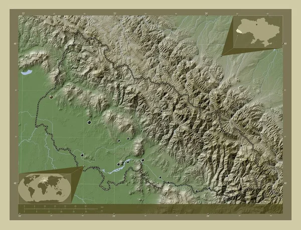 Zakarpatie Oblast Ukrajiny Zdvihová Mapa Zbarvená Stylu Wiki Jezery Řekami — Stock fotografie
