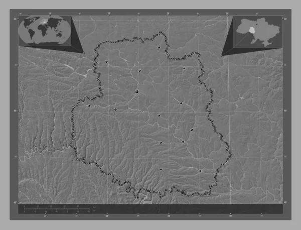 Winnica Obwód Ukraiński Dwupoziomowa Mapa Jeziorami Rzekami Lokalizacje Dużych Miast — Zdjęcie stockowe