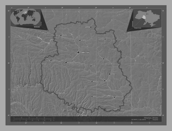 Vinnytsya Región Ucrania Mapa Elevación Bilevel Con Lagos Ríos Ubicaciones —  Fotos de Stock