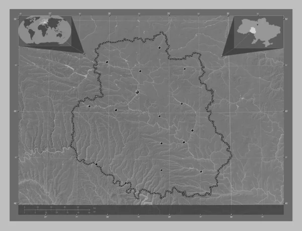 Vinnytsya Ukrajna Régiója Szürkeárnyas Térkép Tavakkal Folyókkal Régió Nagyvárosainak Elhelyezkedése — Stock Fotó
