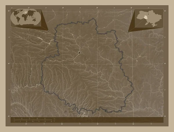 Vinnytsya Region Ukrajiny Zdvihová Mapa Zbarvená Sépiovými Tóny Jezery Řekami — Stock fotografie