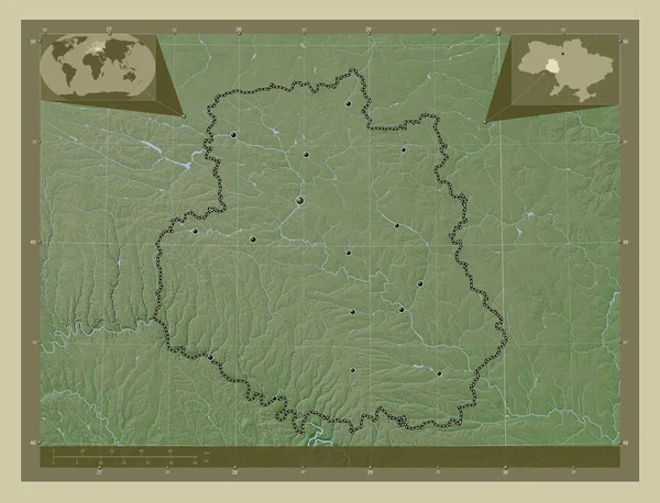 Vinnytsya 乌克兰地区 用Wiki风格绘制的带有湖泊和河流的高程地图 该区域主要城市的所在地点 角辅助位置图 — 图库照片