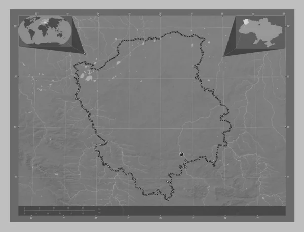 Volyn Region Ukraine Grayscale Elevation Map Lakes Rivers Corner Auxiliary — Stock Photo, Image