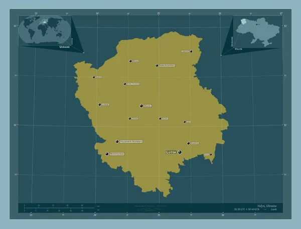 ヴォリン ウクライナの地域 しっかりした色の形 地域の主要都市の位置と名前 コーナー補助位置図 — ストック写真